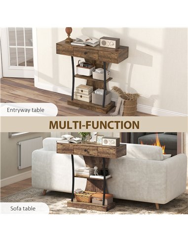 HOMCOM Console Table, 3-Tier Industrial Hallway Table with Drawer, Storage Shelves, 91 x 32 x 87 cm, Rustic Brown