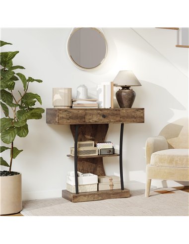 HOMCOM Console Table, 3-Tier Industrial Hallway Table with Drawer, Storage Shelves, 91 x 32 x 87 cm, Rustic Brown