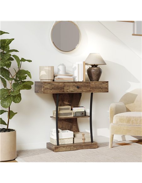 HOMCOM Console Table, 3-Tier Industrial Hallway Table with Drawer, Storage Shelves, 91 x 32 x 87 cm, Rustic Brown - pic 196692 | FastDaddyshop