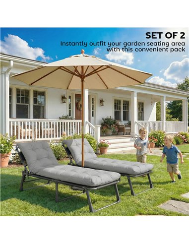 Outsunny Sun Lounger Cushions Only, Garden Lounge Chair Cushions Set of 2, Sunbed Replacement Pads with 4 Ties, Light Grey