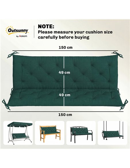 Outsunny 3 Seater Bench Cushion, Garden Chair Cushion with Back and Ties for Indoor and Outdoor Use, 98 x 150 cm, Green - pic 197037 | FastDaddyshop