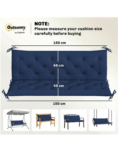 Outsunny 3 Seater Bench Cushion, Garden Chair Cushion with Back and Ties for Indoor and Outdoor Use, 98 x 150 cm, Dark Blue