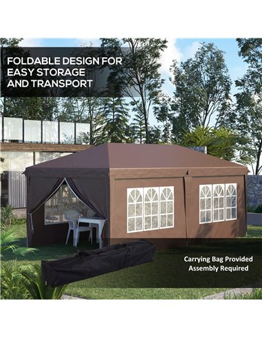 Outsunny 3x6m Pop Up Gazebo with Sides, Windows, Storage Bag, Brown