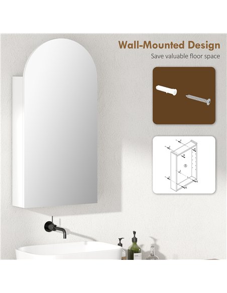 HOMCOM Arched Bathroom Mirror Cabinet with Adjustable Glass Shelves - White - pic 197211 | FastDaddyshop