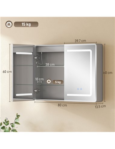 HOMCOM Mirrored Bathroom Cabinet with LED Lights, 60 x 80 cm Bathroom Mirror Cabinet with Anti-Fog, 3 Colour Dimmable Lighting