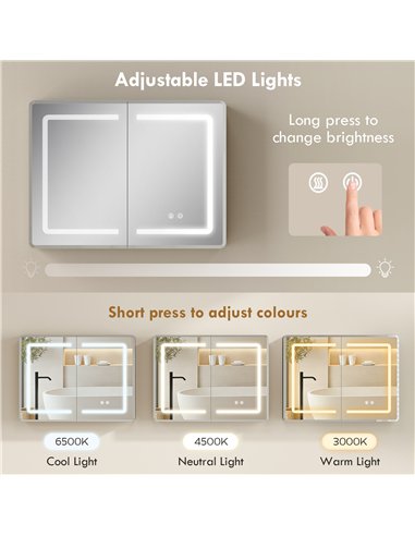 HOMCOM Mirrored Bathroom Cabinet with LED Lights, 60 x 80 cm Bathroom Mirror Cabinet with Anti-Fog, 3 Colour Dimmable Lighting