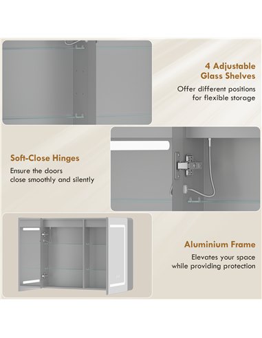 HOMCOM Mirrored Bathroom Cabinet with LED Lights, 60 x 80 cm Bathroom Mirror Cabinet with Anti-Fog, 3 Colour Dimmable Lighting