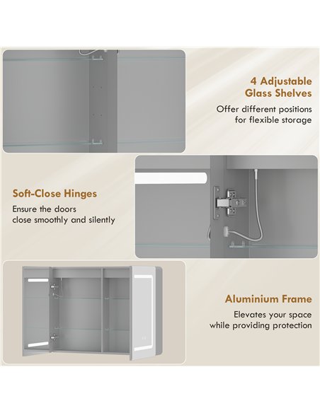 HOMCOM Mirrored Bathroom Cabinet with LED Lights, 60 x 80 cm Bathroom Mirror Cabinet with Anti-Fog, 3 Colour Dimmable Lighting - pic 197221 | FastDaddyshop