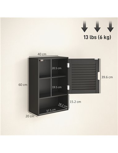 HOMCOM Bathroom Cabinet, Wall Mounted Storage Cabinet with Adjustable Shelves, 40 x 20 x 60 cm, Black