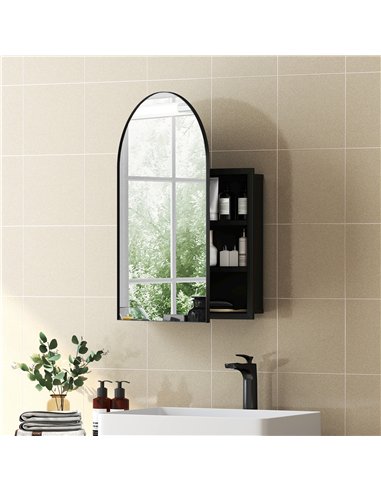 HOMCOM Bathroom Mirror Cabinet with Mirror, Arched Wall Mounted Bathroom Cabinet with Storage Shelves, Black