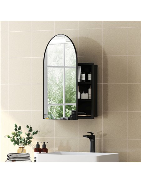 HOMCOM Bathroom Mirror Cabinet with Mirror, Arched Wall Mounted Bathroom Cabinet with Storage Shelves, Black - pic 197252 | FastDaddyshop