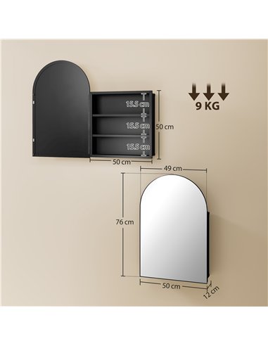 HOMCOM Bathroom Mirror Cabinet with Mirror, Arched Wall Mounted Bathroom Cabinet with Storage Shelves, Black