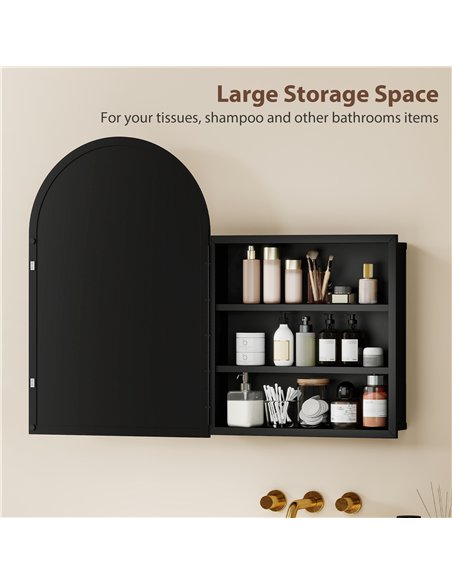 HOMCOM Bathroom Mirror Cabinet with Mirror, Arched Wall Mounted Bathroom Cabinet with Storage Shelves, Black - pic 197255 | FastDaddyshop