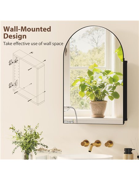 HOMCOM Bathroom Mirror Cabinet with Mirror, Arched Wall Mounted Bathroom Cabinet with Storage Shelves, Black - pic 197258 | FastDaddyshop