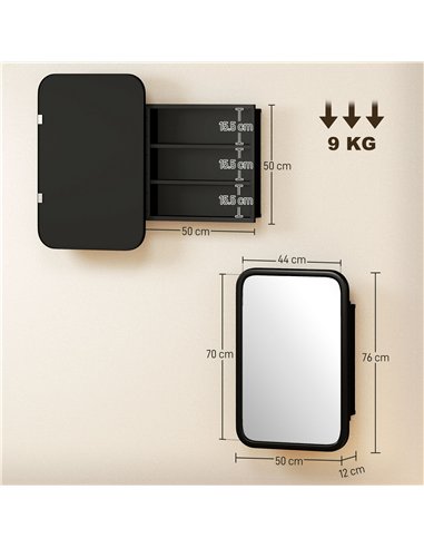 HOMCOM Bathroom Wall Cabinet with Tempered Mirror Metal Bathroom Mirror Cabinet with 3 Shelves Black