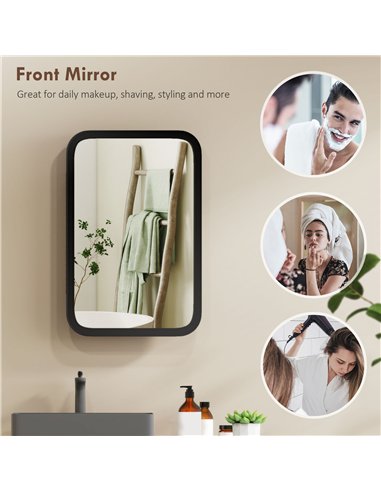 HOMCOM Bathroom Wall Cabinet with Tempered Mirror Metal Bathroom Mirror Cabinet with 3 Shelves Black