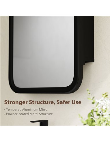 HOMCOM Bathroom Wall Cabinet with Tempered Mirror Metal Bathroom Mirror Cabinet with 3 Shelves Black