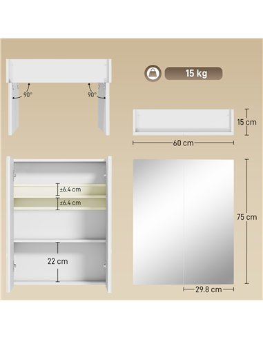 HOMCOM Wall Mounted Bathroom Mirror Storage Cabinet w/ Door Adjustable Shelf, White