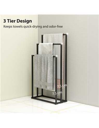 HOMCOM Freestanding Towel Rack, Steel Towel Rail Holder with 3 Bars, Black