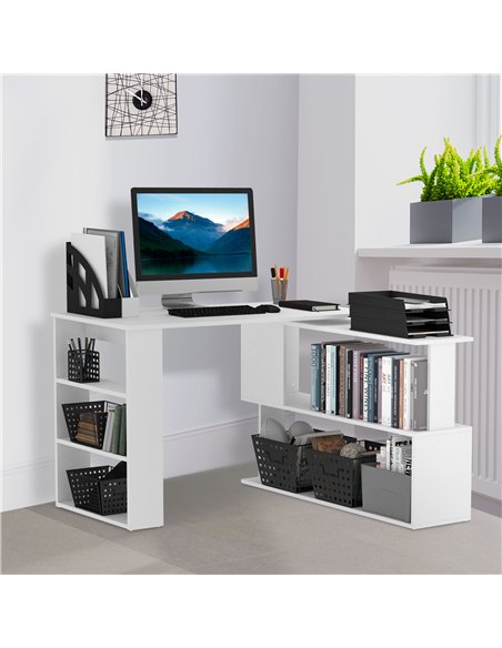 HOMCOM Corner Computer Desk, L Shaped Desk with 360° Rotating Bookshelf, 120L x 110W x 74.5H cm, White - pic 197288 | FastDaddyshop