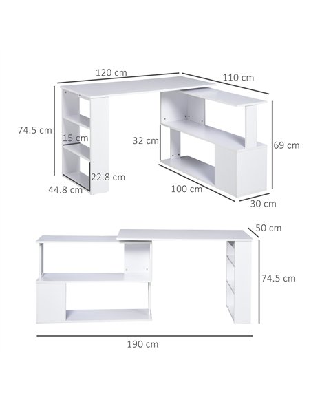HOMCOM Corner Computer Desk, L Shaped Desk with 360° Rotating Bookshelf, 120L x 110W x 74.5H cm, White - pic 197289 | FastDaddyshop
