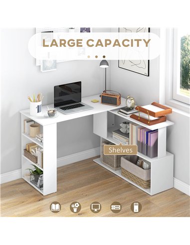 HOMCOM Corner Computer Desk, L Shaped Desk with 360° Rotating Bookshelf, 120L x 110W x 74.5H cm, White