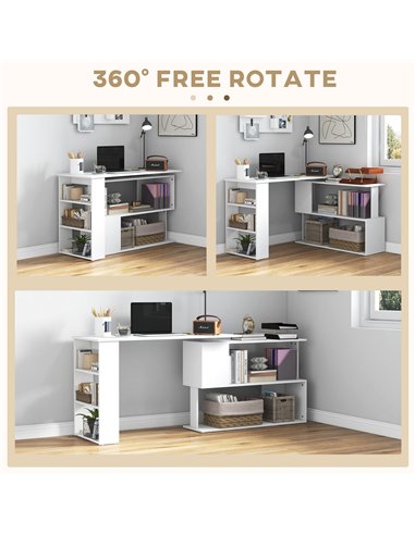 HOMCOM Corner Computer Desk, L Shaped Desk with 360° Rotating Bookshelf, 120L x 110W x 74.5H cm, White