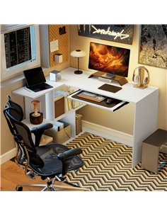 HOMCOM L-Shaped Corner Desk, Computer Desk with Keyboard Tray and Open Shelves, White Wood Effect 2