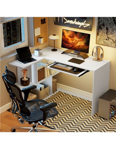 HOMCOM L-Shaped Corner Desk, Computer Desk with Keyboard Tray and Open Shelves, White Wood Effect - pic 197360 | FastDaddyshop