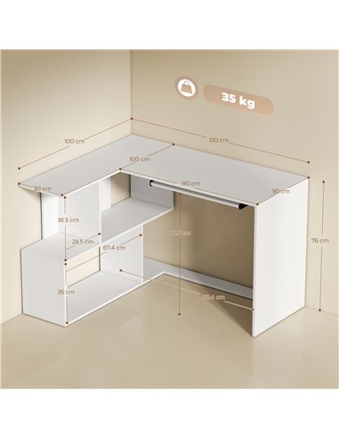 HOMCOM L-Shaped Corner Desk, Computer Desk with Keyboard Tray and Open Shelves, White Wood Effect