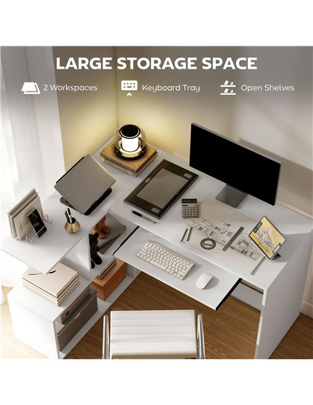 HOMCOM L-Shaped Corner Desk, Computer Desk with Keyboard Tray and Open Shelves, White Wood Effect - pic 197362 | FastDaddyshop