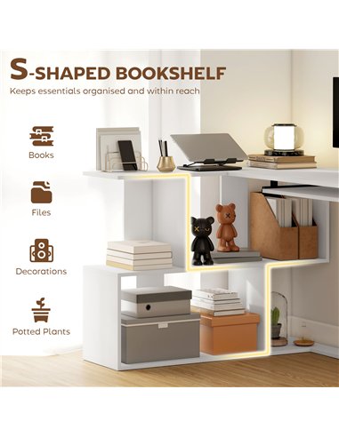 HOMCOM L-Shaped Corner Desk, Computer Desk with Keyboard Tray and Open Shelves, White Wood Effect
