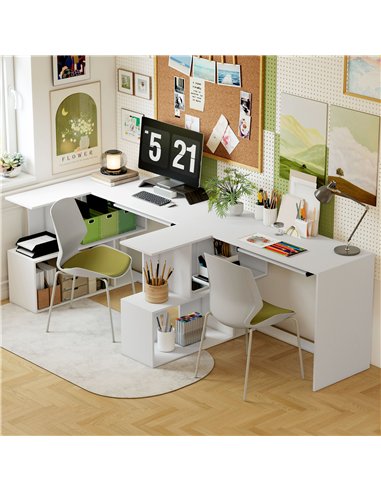 HOMCOM L-Shaped Corner Desk, Computer Desk with Keyboard Tray and Open Shelves, White Wood Effect