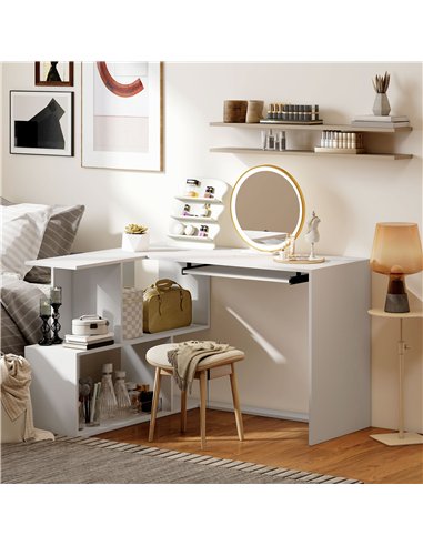 HOMCOM L-Shaped Corner Desk, Computer Desk with Keyboard Tray and Open Shelves, White Wood Effect