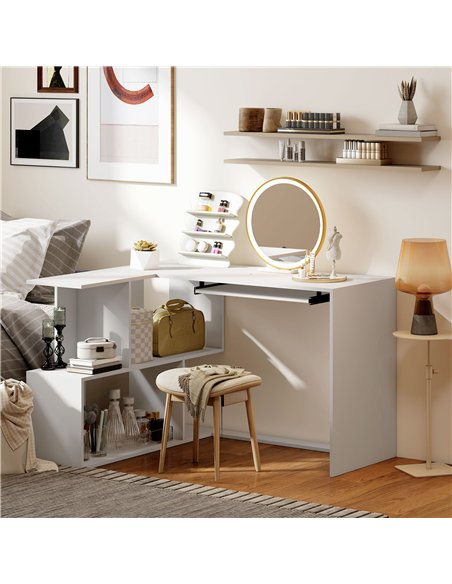 HOMCOM L-Shaped Corner Desk, Computer Desk with Keyboard Tray and Open Shelves, White Wood Effect - pic 197366 | FastDaddyshop