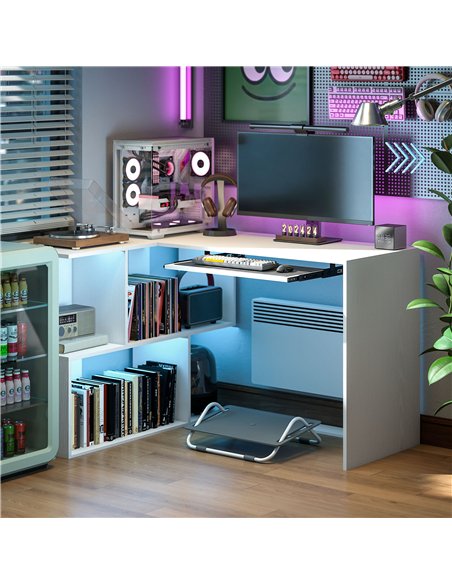HOMCOM L-Shaped Corner Desk, Computer Desk with Keyboard Tray and Open Shelves, White Wood Effect - pic 197367 | FastDaddyshop