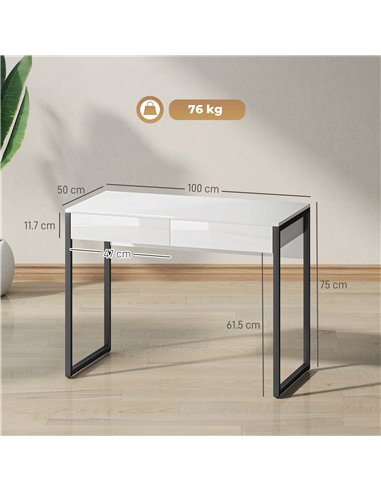 HOMCOM High Gloss Work Table, with Drawers - White