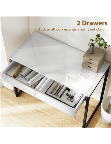 HOMCOM High Gloss Work Table, with Drawers - White