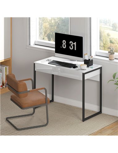 HOMCOM High Gloss Work Table, with Drawers - White