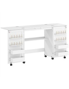 HOMCOM Folding Sewing Table with 2 Magnetic Doors, Storage Shelf, Lockable Wheels, Space Saving, White