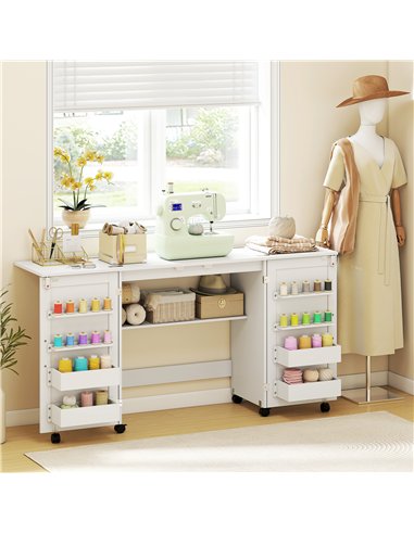 HOMCOM Folding Sewing Table with 2 Magnetic Doors, Storage Shelf, Lockable Wheels, Space Saving, White