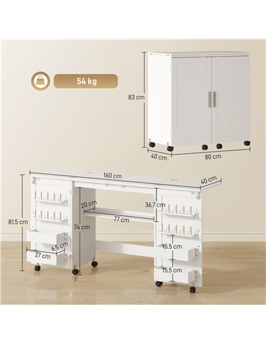 HOMCOM Folding Sewing Table with 2 Magnetic Doors, Storage Shelf, Lockable Wheels, Space Saving, White