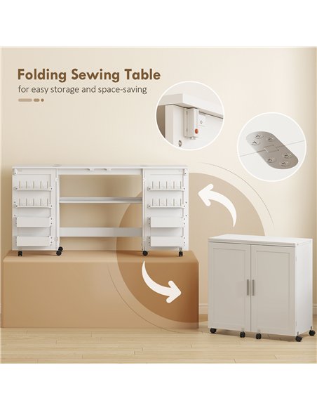 HOMCOM Folding Sewing Table with 2 Magnetic Doors, Storage Shelf, Lockable Wheels, Space Saving, White - pic 197380 | FastDaddyshop