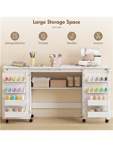 HOMCOM Folding Sewing Table with 2 Magnetic Doors, Storage Shelf, Lockable Wheels, Space Saving, White