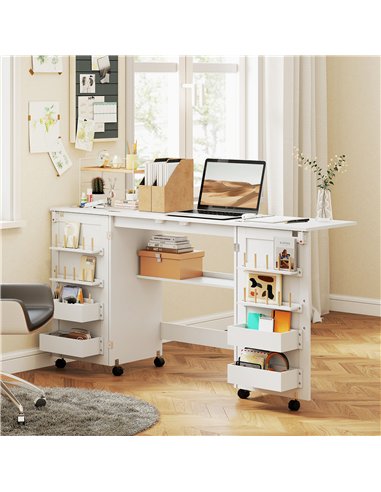 HOMCOM Folding Sewing Table with 2 Magnetic Doors, Storage Shelf, Lockable Wheels, Space Saving, White