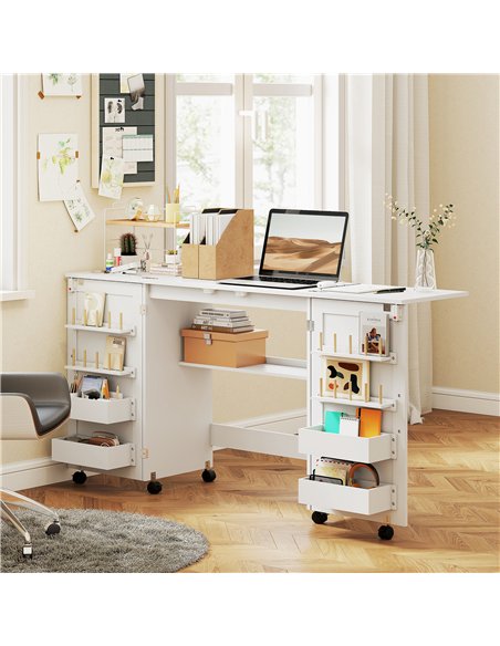 HOMCOM Folding Sewing Table with 2 Magnetic Doors, Storage Shelf, Lockable Wheels, Space Saving, White - pic 197384 | FastDaddyshop