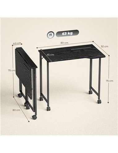 HOMCOM Folding Small Desk on Wheels - Black Wood Effect