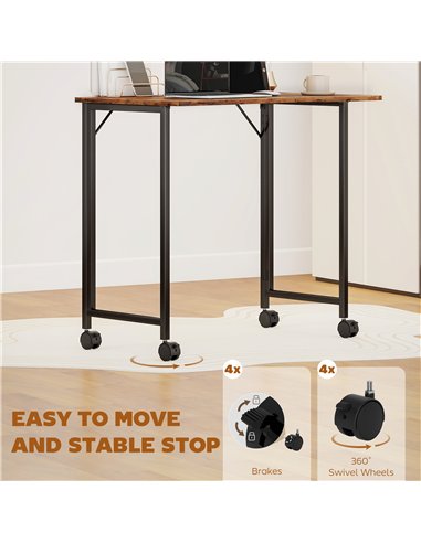 HOMCOM Folding Small Desk on Wheels - Rustic Brown