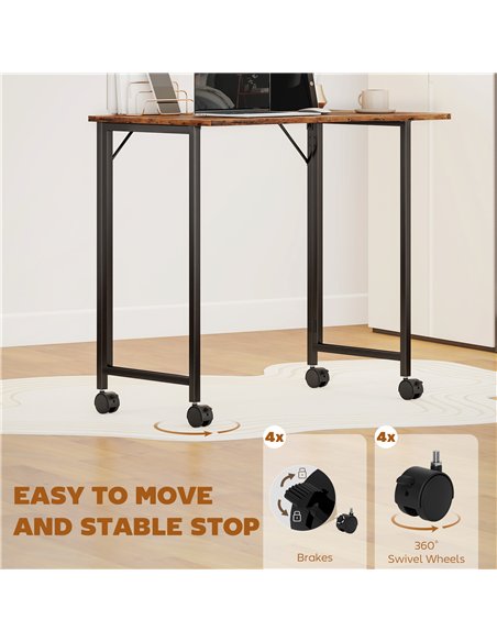 HOMCOM Folding Small Desk on Wheels - Rustic Brown - pic 197408 | FastDaddyshop