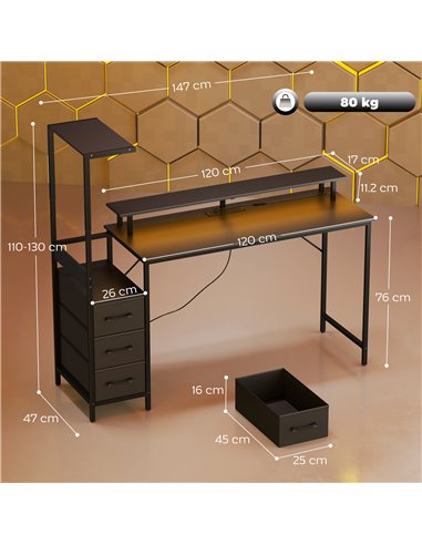 HOMCOM 147cm Gaming Desk with Charging Station and Monitor Stand, Computer Table for Home Office with RGB Lights, Black